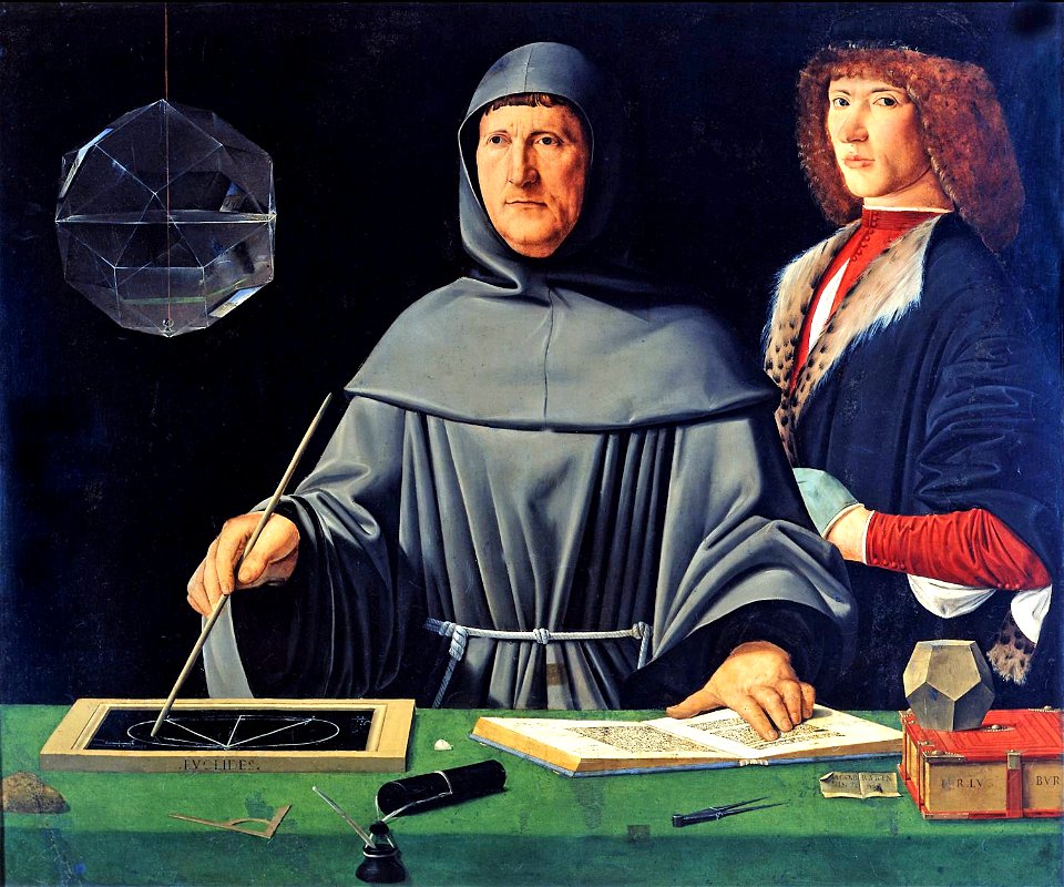 Jacopo de' Barbari (attributed to) Portrait of Luca Pacioli (1445 1517) with a student (Guidobaldo da Montefeltro) (2)