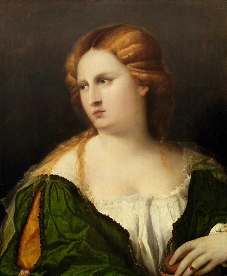 Jacopo Negretti, gen. Palma il Vecchio, , Kunsthistorisches Museum Wien, Gemäldegalerie - Junge Frau in grünem Kleid, in der Hand eine Schachtel - GG 66 - Kunsthistorisches Museum