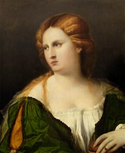 Jacopo Negretti, gen. Palma il Vecchio, , Kunsthistorisches Museum Wien, Gemäldegalerie - Junge Frau in grünem Kleid, in der Hand eine Schachtel - GG 66 - Kunsthistorisches Museum