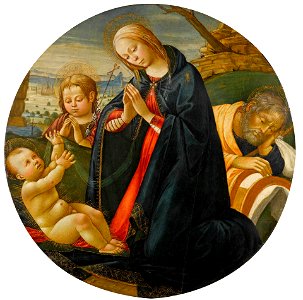 Jacopo del Sellaio Holy Family with Saint John. Free illustration for personal and commercial use.