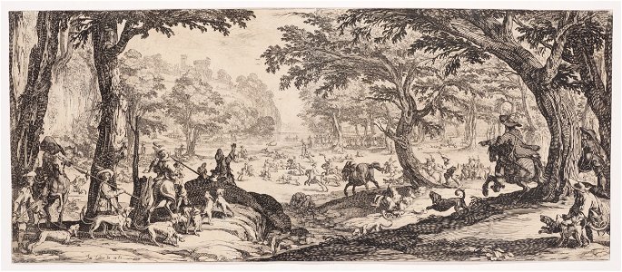 Jacques Callot, Velký lov (La Grande Chasse), 1619 (1628), lept, papír 198 x 467 mm, Sbírka grafiky Národní galerie v Praze