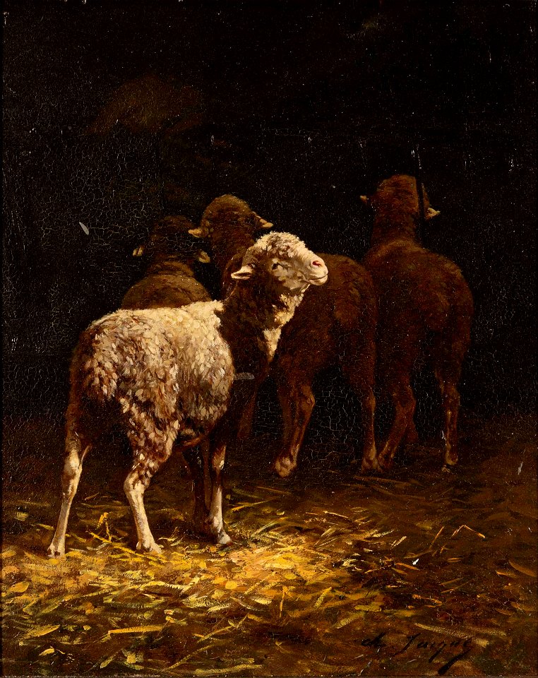 Sheep at a Manger by Charles-Émile Jacque, oil 