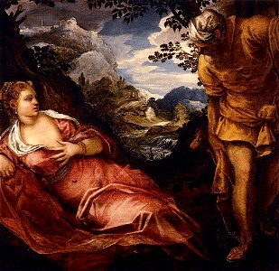 Jacopo Tintoretto - The Meeting of Tamar and Judah - WGA22659. Free illustration for personal and commercial use.