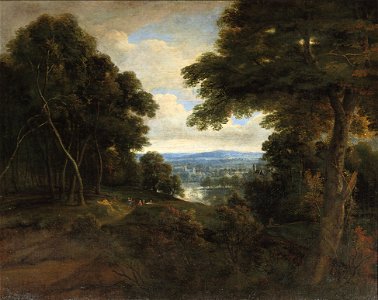 Jacques d'Arthois - Extensive wooded landscape with travellers on a path. Free illustration for personal and commercial use.