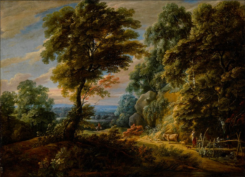 Jacques d'Arthois - Wooded landscape with a shepherdess passing a steep bank, probably on the edge of the Sonian Forest