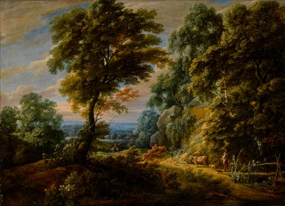 Jacques d'Arthois - Wooded landscape with a shepherdess passing a steep bank, probably on the edge of the Sonian Forest. Free illustration for personal and commercial use.