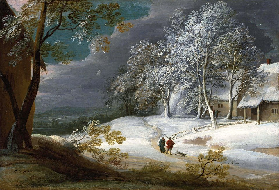 Jacques d'Arthois - Winter landscape with figures and a dog on a track, cottages beyond