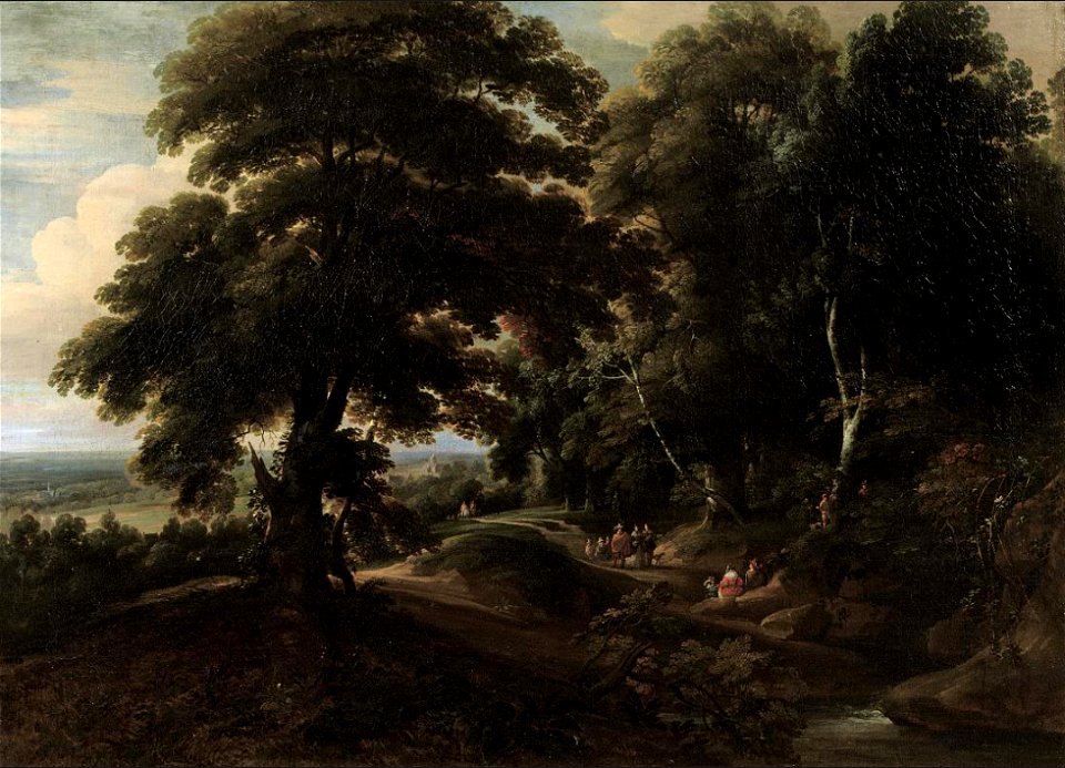 Jacques d'Arthois - Wooded landscape with travellers on a track