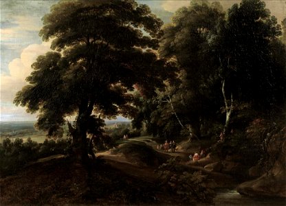 Jacques d'Arthois - Wooded landscape with travellers on a track. Free illustration for personal and commercial use.