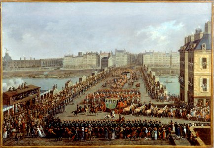 Jacques Bertaux - Le cortège impérial se rendant à Notre-Dame pour la cérémonie du sacre, le 2 décembre 1804 La traversée du Pont-Neuf - P2243 - Musée Carnavalet