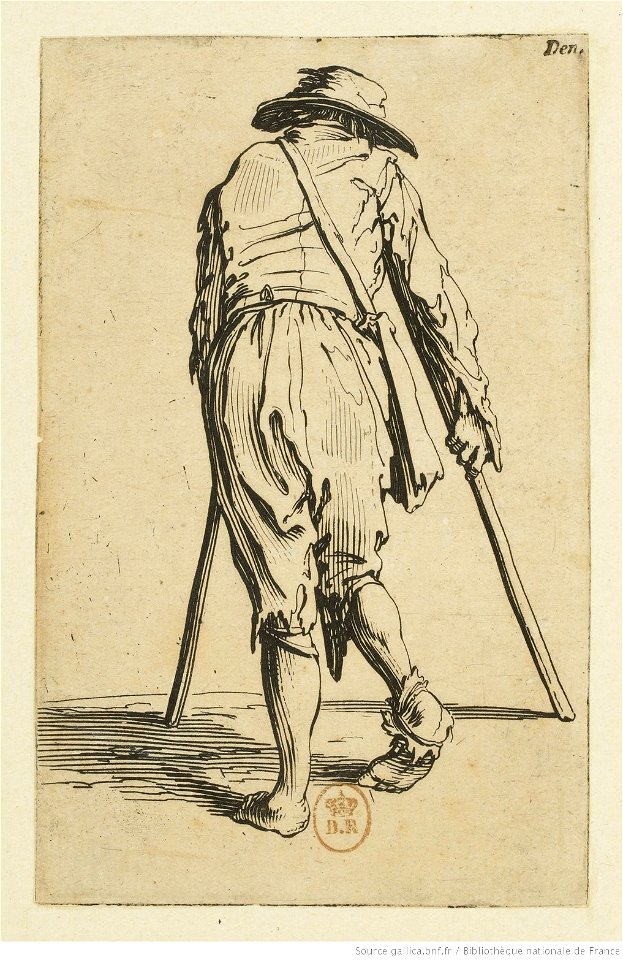 Jacques Callot - Les Gueux (05) - Le mendiant aux béquilles coiffé d'un chapeau et vu de dos