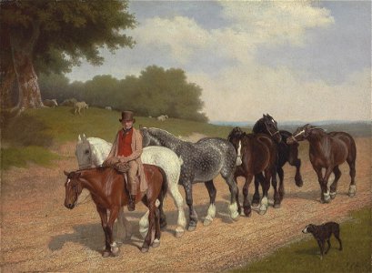 Jacques-Laurent Agasse - A groom with a string of carthorses and a dog, on a country road. Free illustration for personal and commercial use.