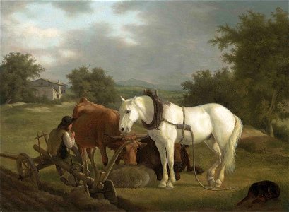 Jacques Laurent Agasse - A rural landscape with a ploughman resting with his grey horse, cattle and dog
