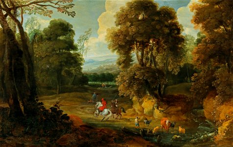 Jacques d'Arthois - A wooded landscape with horsemen. Free illustration for personal and commercial use.