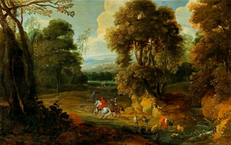Jacques d'Arthois - A wooded landscape with horsemen