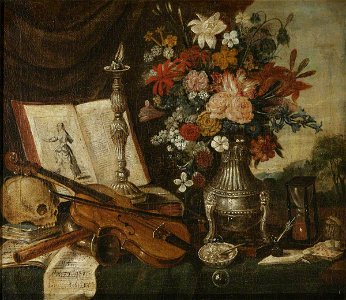 Jacques Linard (1597-1645) (style of) - Vanitas Still Life with Musical Instruments and Flowers in a Silver Tripod Vase - 509847 - National Trust. Free illustration for personal and commercial use.