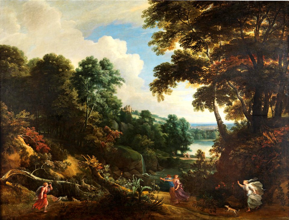 Jacques d'Arthois - Wooded landscape with Diana and her nymphs hunting a stag