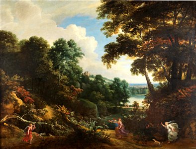 Jacques d'Arthois - Wooded landscape with Diana and her nymphs hunting a stag. Free illustration for personal and commercial use.