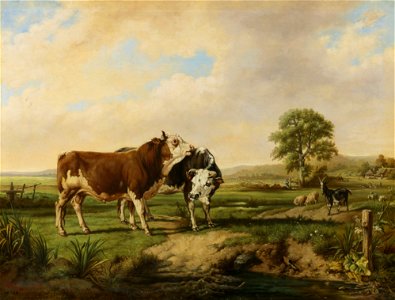 Jacques Raymond Brascassat - Taureaux, moutons et une chèvre au pâturage