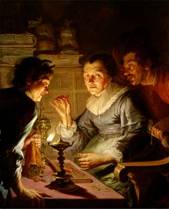 Jacques de L'Ange - An old Woman weighing Gold, Avarice (Kassel)