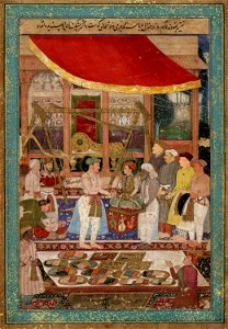 Jahangir weighing prince Khurram (later Shah Jahan) against gold and silver in the presence of Mahabat Khan and Khan Jahan.
