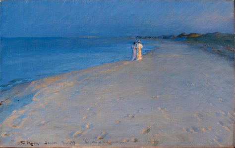 Peder Severin Krøyer - Summer evening at the South Beach, Skagen. Anna Acher and Marie Krøyer - Google Art Project. Free illustration for personal and commercial use.