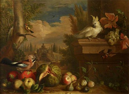 Jakob Bogdany (c.1660-1724) - Birds and Fruit in a Landscape with a Fountain in the Background - 515491 - National Trust