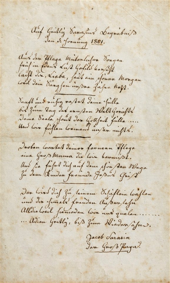 Jakob Sarasin Handschriftliches Gedicht 1801
