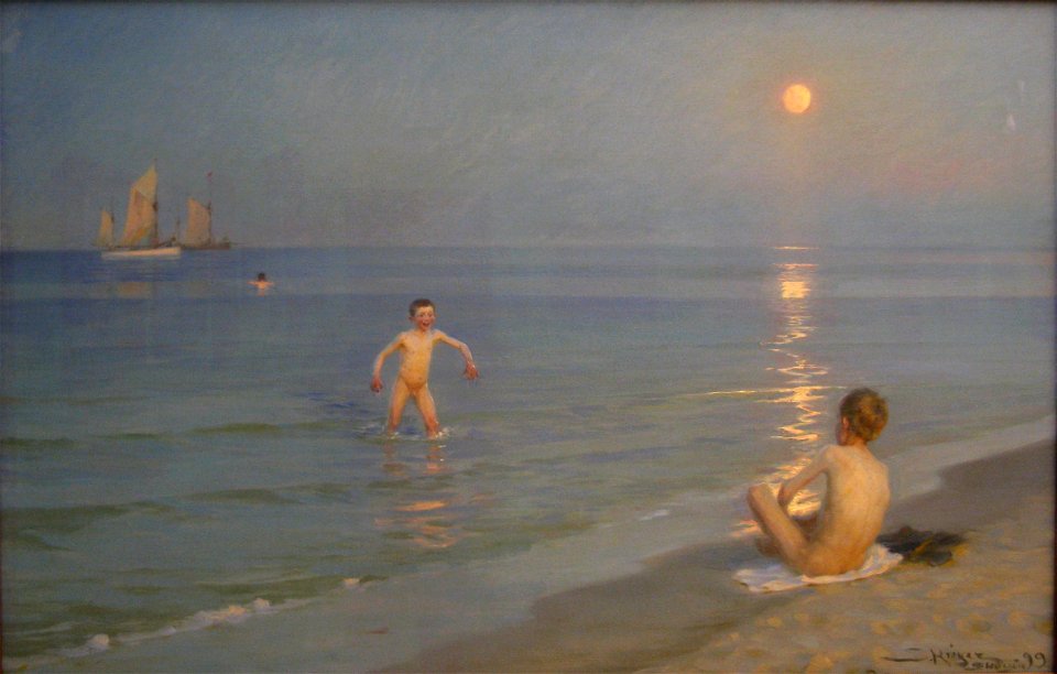 Peder Severin Krøyer-Boys bathing in Skagen summer evening-Statens Museum for Kunst. Free illustration for personal and commercial use.