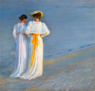 Peder Severin Krøyer - Anna Ancher og Marie Krøyer på stranden ved Skagen. Free illustration for personal and commercial use.