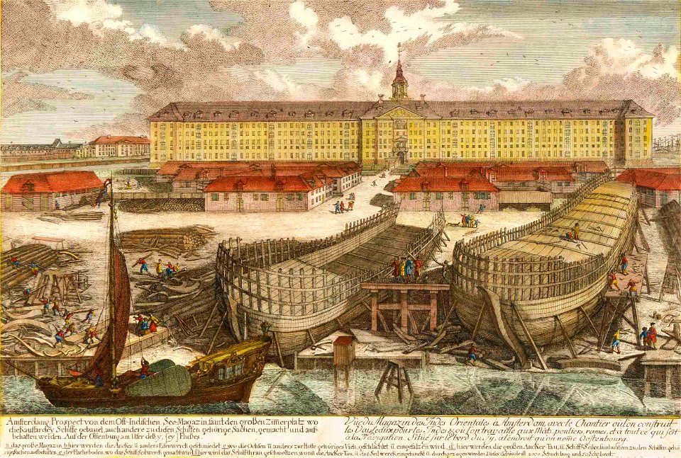 Kupferstich - Amsterdam - Ostindien Seemagazin - Delsenbach
