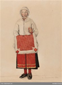 Kvinna med skinnfäll, Mora. Akvarell av P.Södermark - Nordiska museet - NMA.0070040. Free illustration for personal and commercial use.