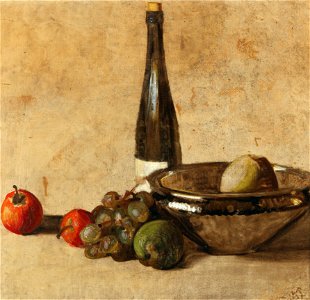 Kurt Schwitters - Still life with wine bottle and fruit. Free illustration for personal and commercial use.