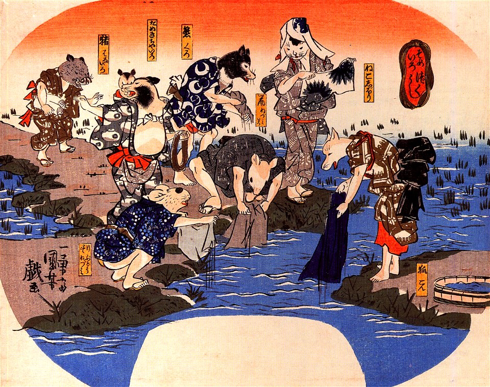 Kuniyoshi Utagawa, Animals dyeing fabrics