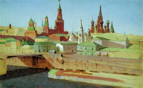 Kuindzhi View of the Moskvoretsky Bridge the Kremlin and the Pokrovsky Cathedral 1882. Free illustration for personal and commercial use.