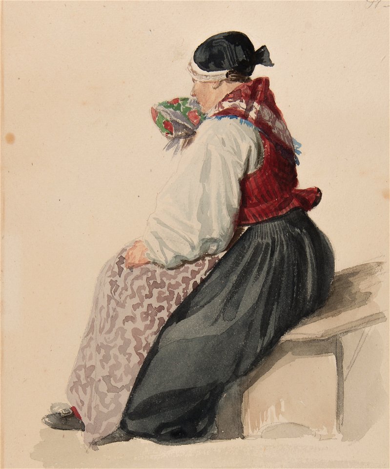 Kvinna i kyrkodrägt, Ljusdahl 1840 . Akvarell av J.W Wallander - Nordiska museet - NMA.0070074 (1)