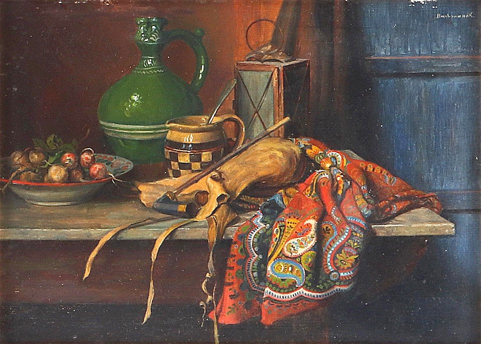 Károly Bachmann - Stillleben mit Rucksack, Stock Krug und Zwiebeln