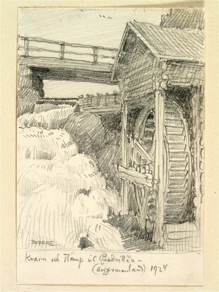 Kvarn och stamp vid Budrillån, Ångermanland. Teckning av Ferdinand Boberg - Nordiska museet - NMA.0088660