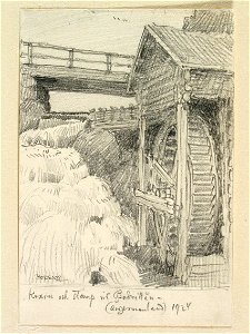 Kvarn och stamp vid Budrillån, Ångermanland. Teckning av Ferdinand Boberg - Nordiska museet - NMA.0088660