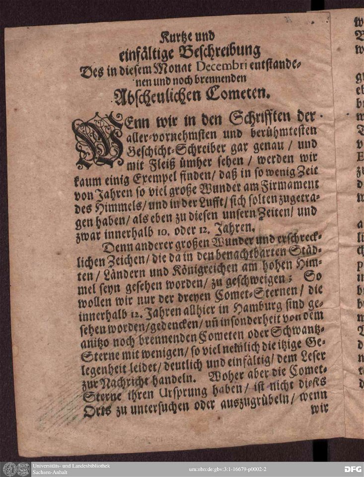 Kurtze iedoch eigentliche Und Warhafftige Beschreibung Des Cometen 02