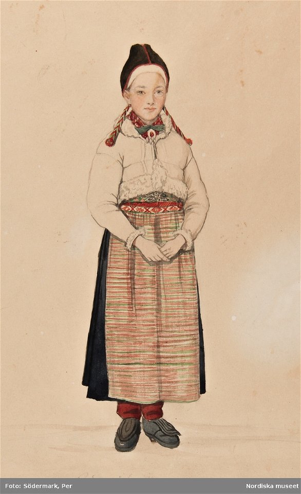 Kvinna i Rättviksdräkt med skinntröja. Akvarell av P.Södermark - Nordiska museet - NMA.0070057