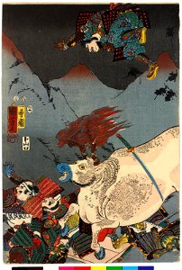 Kurikaradani kassen- Kiso Yoshinaka Heisho Tomonori wo uchitori 倶利伽羅谷合戦- 木曽義仲平將智教をうちとり (BM 2008,3037.18401 2)