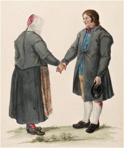 Kvinna och man. Akvarell av C.W Swedman med text. ( jmfr Costume of Sweden pl. 21 ) - Nordiska museet - NMA.0070031 (1)