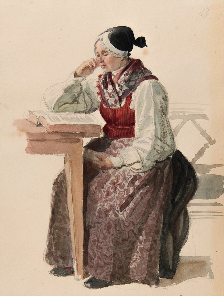 Kvinna i kyrkdräkt, Ljusdahl 1840. Akvarell av J.W Wallander - Nordiska museet - NMA.0070073 (1)