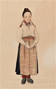 Kvinna i Rättviksdräkt med skinntröja. Akvarell av P.Södermark - Nordiska museet - NMA.0070057 (cropped)
