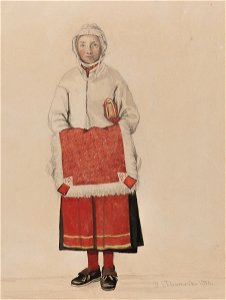 Kvinna med skinnfäll, Mora. Akvarell av P.Södermark - Nordiska museet - NMA.0070040 (cropped). Free illustration for personal and commercial use.