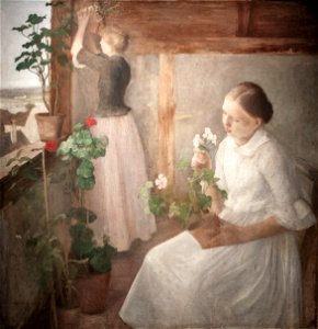 Károly Ferenczy - Girls tending flowers. Free illustration for personal and commercial use.