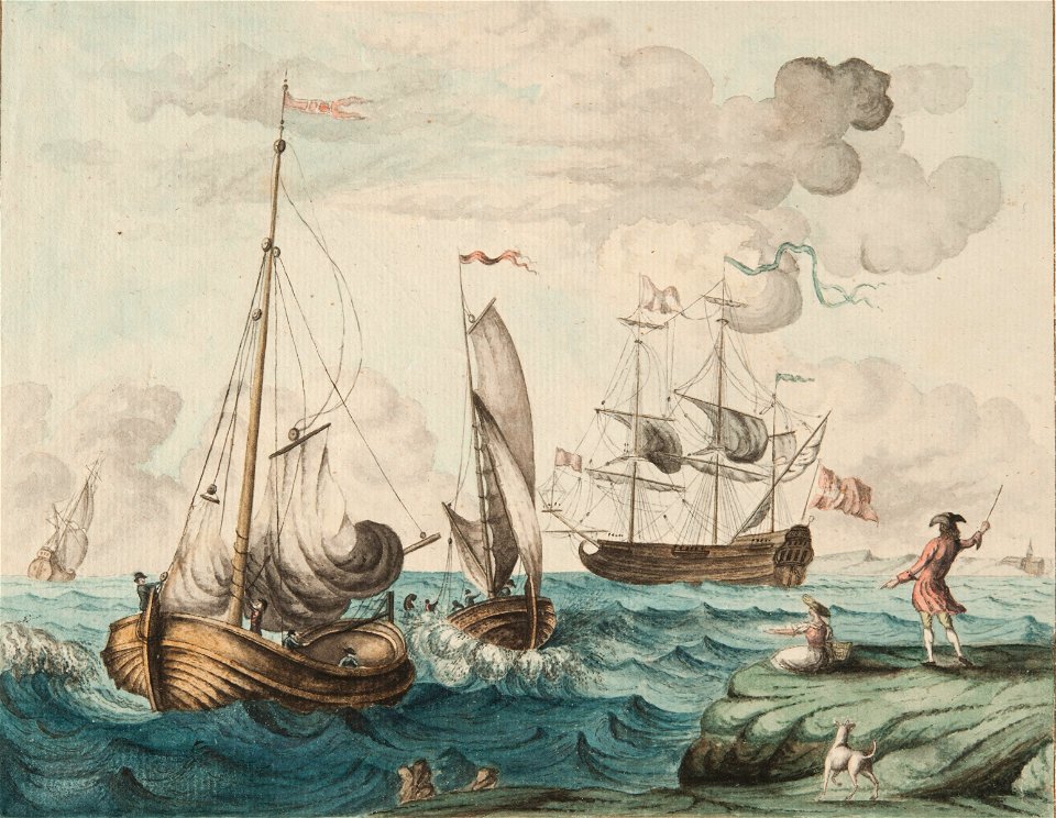 Kust med människor och fartyg, ett med dansk flagga - Sjöhistoriska museet - SB 16543