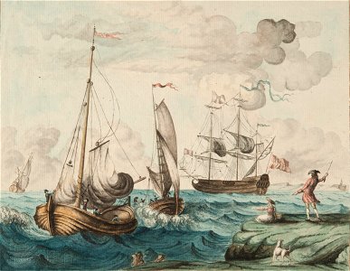 Kust med människor och fartyg, ett med dansk flagga - Sjöhistoriska museet - SB 16543
