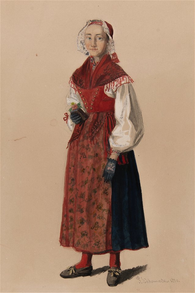 Kvinna i dräkt . Akvarell av P.Södermark - Nordiska museet - NMA.0070064